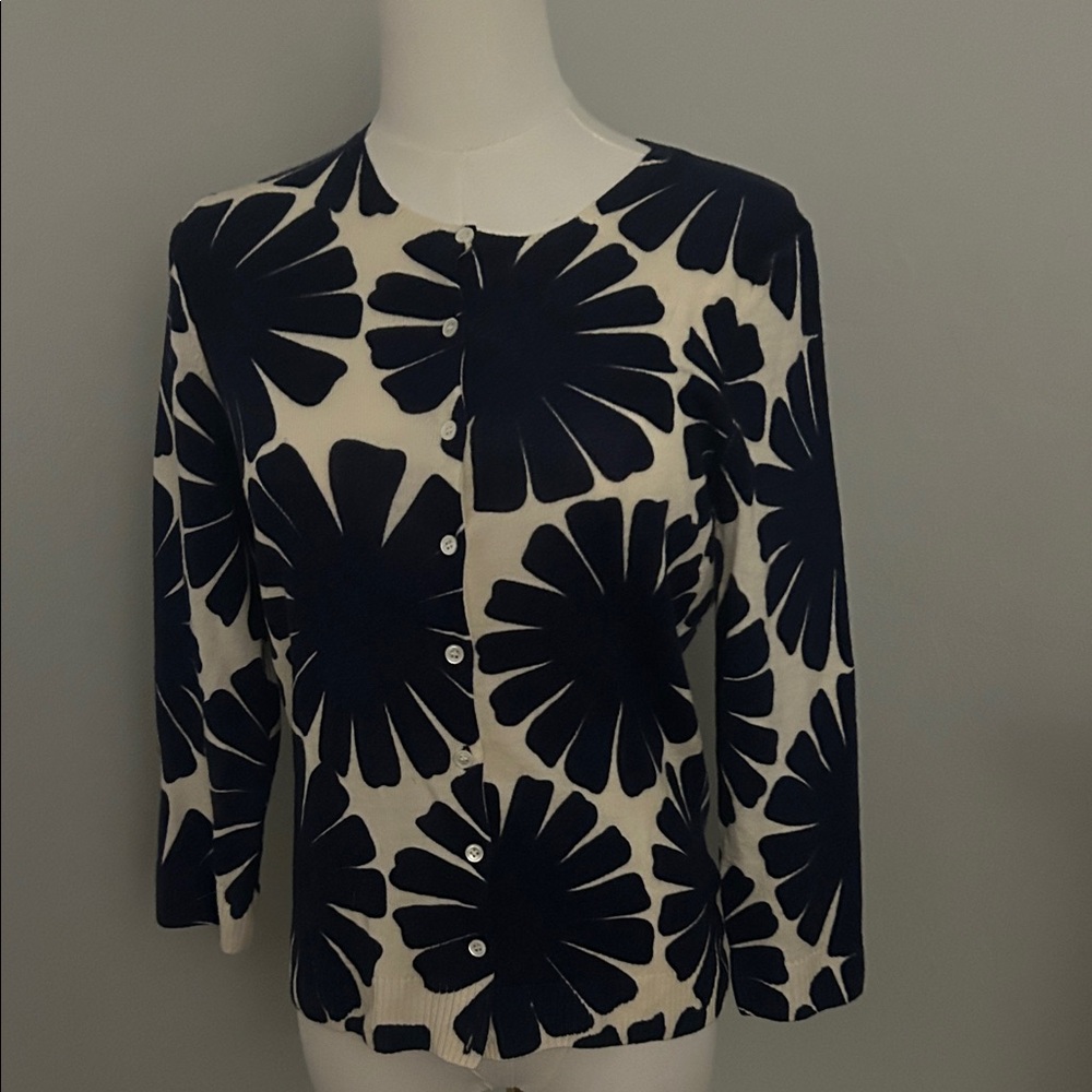 J. Crew Navy and White Floral Cardigan sweater